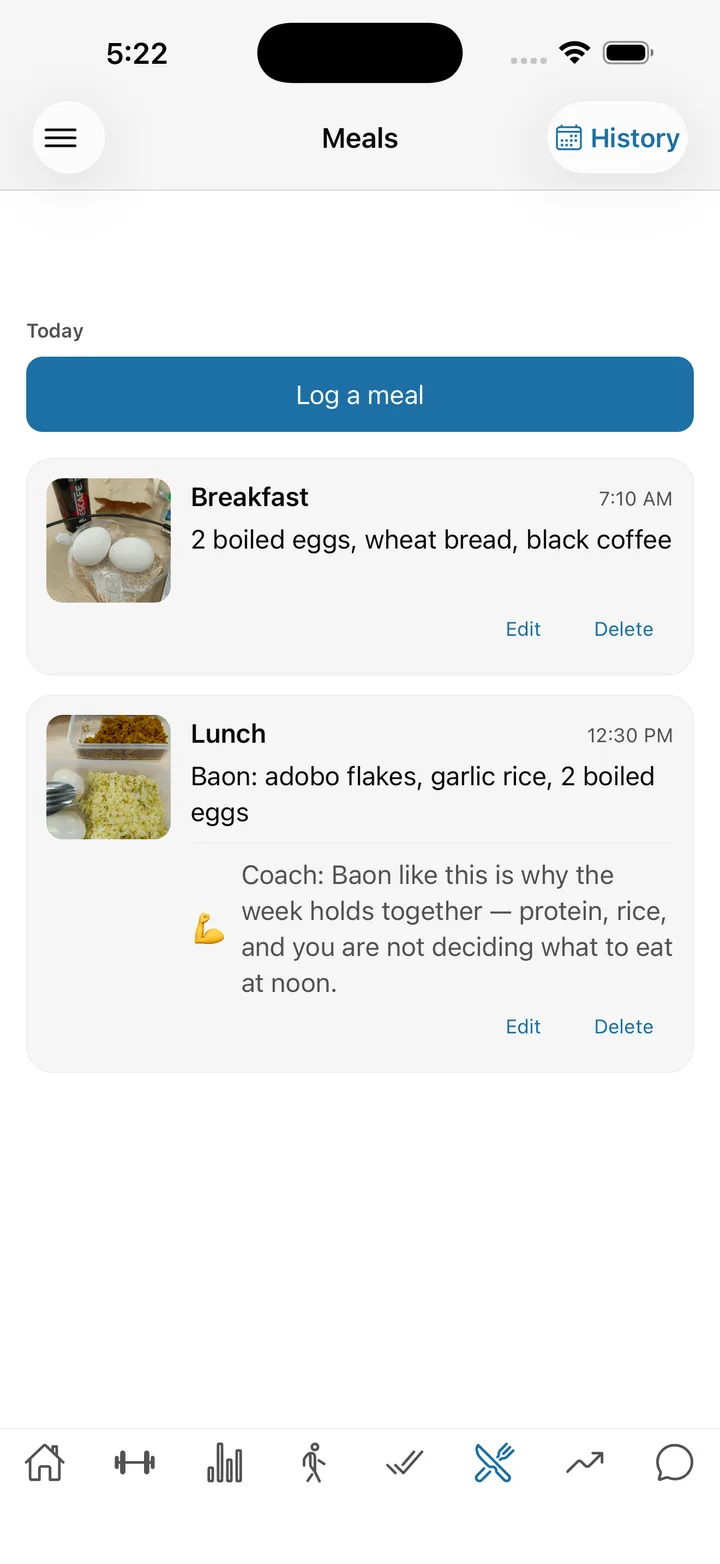 A meal log with photographed meals, and the coach’s reply attached directly to one of them.