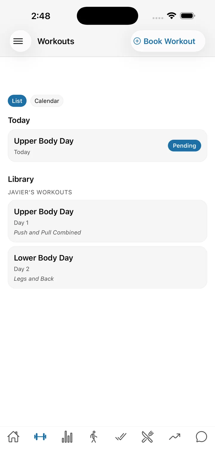 The workouts tab showing a session scheduled for today above the rest of the client’s program library.